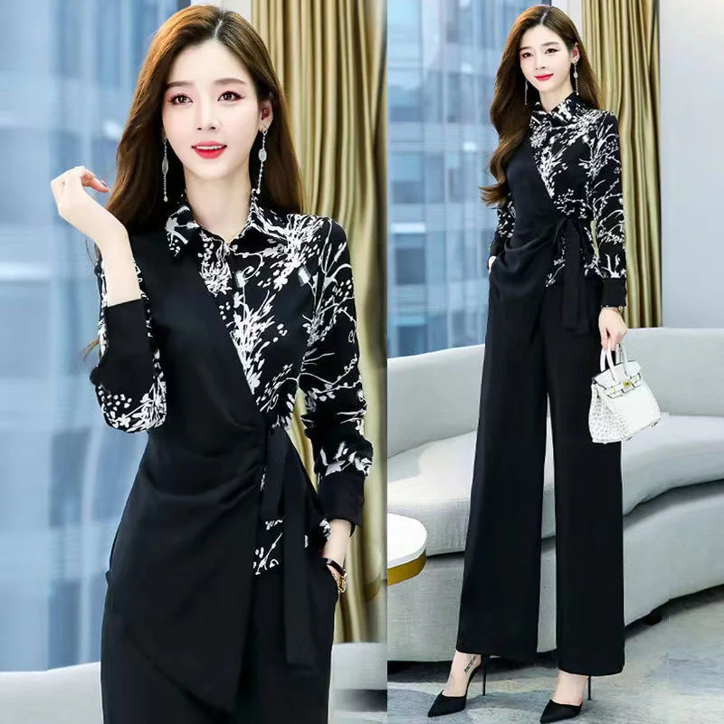 

Temperament Single/Set Autumn Women New Fashion Age-Reducing Two-Piece female Hong Kong Style Foreign Slim Wide-Leg Pants Suit