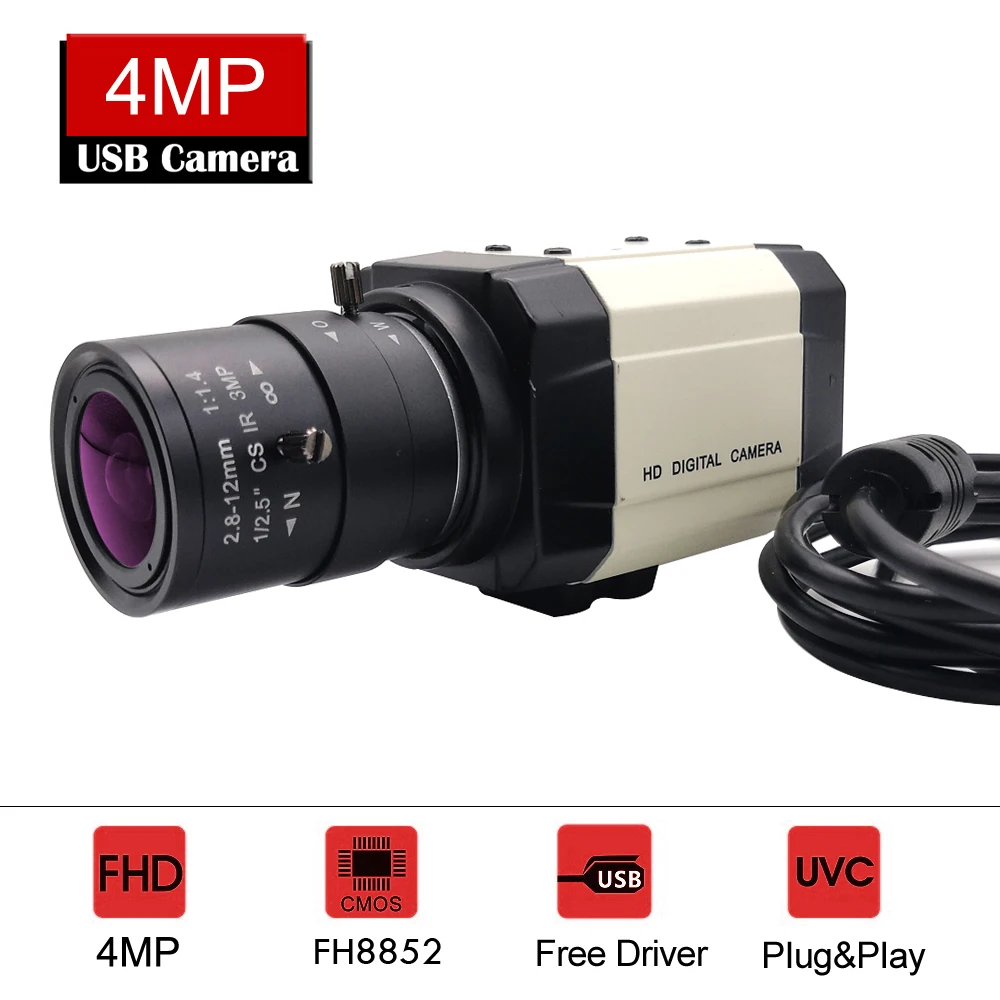 

4 Megapixel 30fps USB Webcam HD 2.8-12mm Varifocal Zoom UVC Mini Box PC Camera For Video Calling Live Streaming Conference
