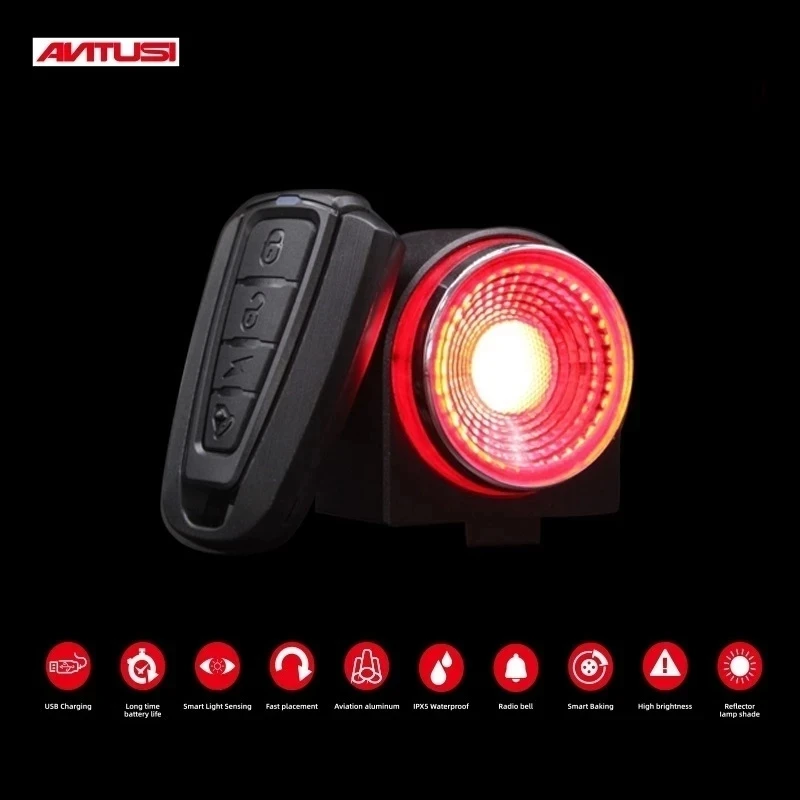 

ANTUSI A8 Automatic Brake Taillight Remote Bicycle Rear Light Wireless Bell Road Bike Anti-theft Alarm Lock MTB Cycling Lamp