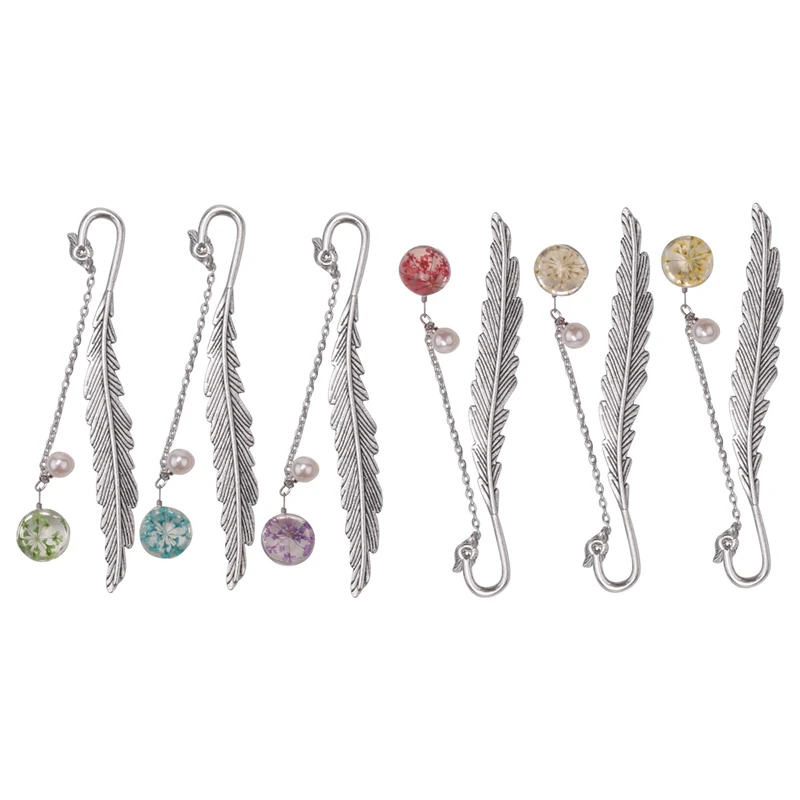 

6 шт. металлические перья закладки с сухим цветком, жемчужина, подвеска, ремесла, винтажные креативные закладки для книг, маркеры для страниц