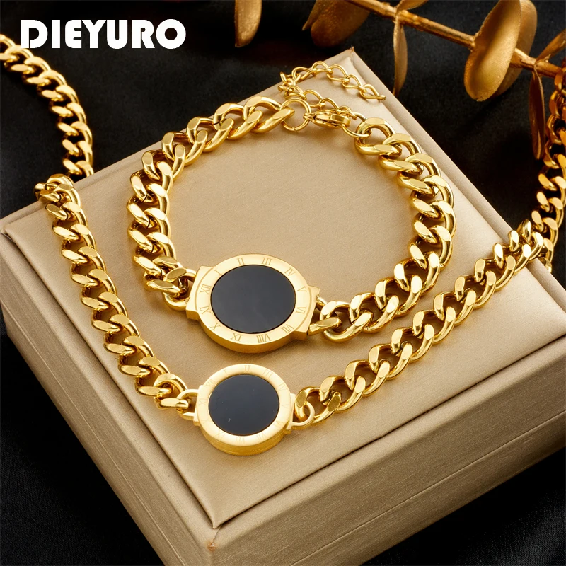 

DIEYURO 316L Stainless Steel Round 2-Sided Roman Numerals Necklace Bracelets For Women Girl New Fashion Non-fading Jewelry Set