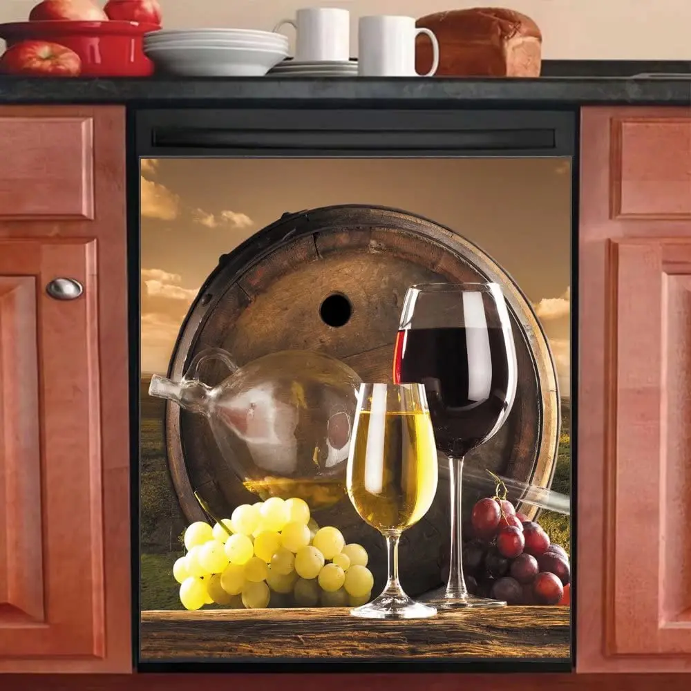 

Grape Dishwasher Magentic Cover, Retro Wine Self Adhesive Magnet Refrigerator Decal, Home Appliances Decorative Stickers Vinyl D