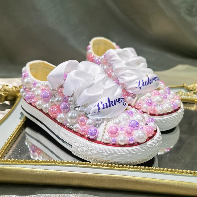 

Handmade Diamond Name Custom Bling Sneakers Party Birthday Kids Girl Date For Canvas Dollbling Shoes Pears Crystals