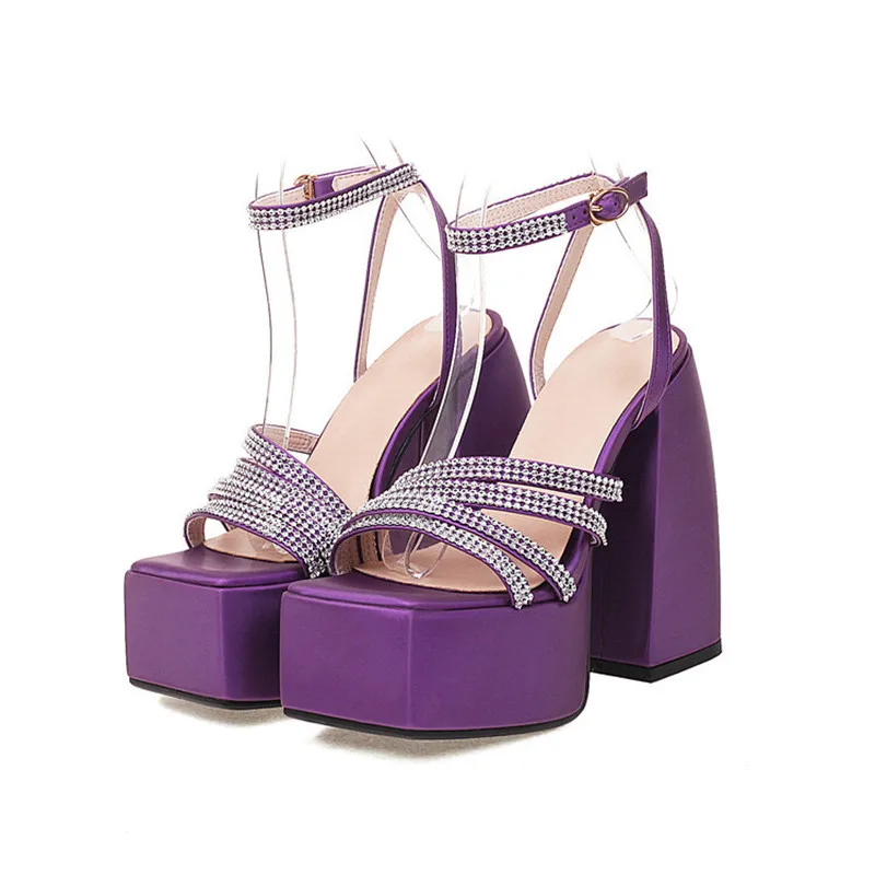 

Rhinestones Woman Sandals Solid Platform Zapatos De Mujer Chunky Heels Shoes Women Buckle Strap Sandals Fashion Casual Shoes