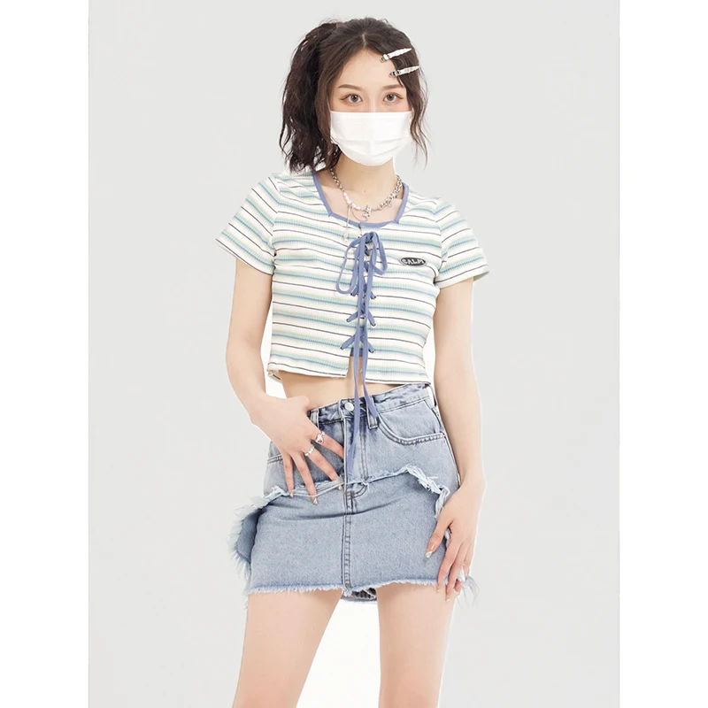 

Japanese Sweet and Spicy Short Top Women's Lace Up Small Slim Student Stripe Short Sleeve T-shirt Summer Clothing