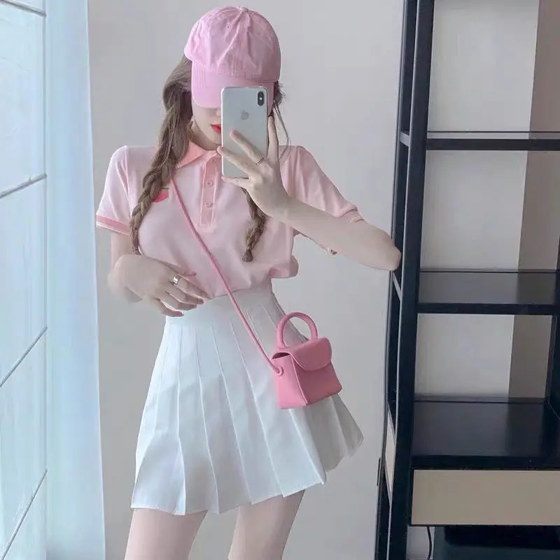 

Женский летний костюм-двойка, свободная рубашка-поло с коротким рукавом и плиссированная юбка с высокой талией, модель S159, 2022