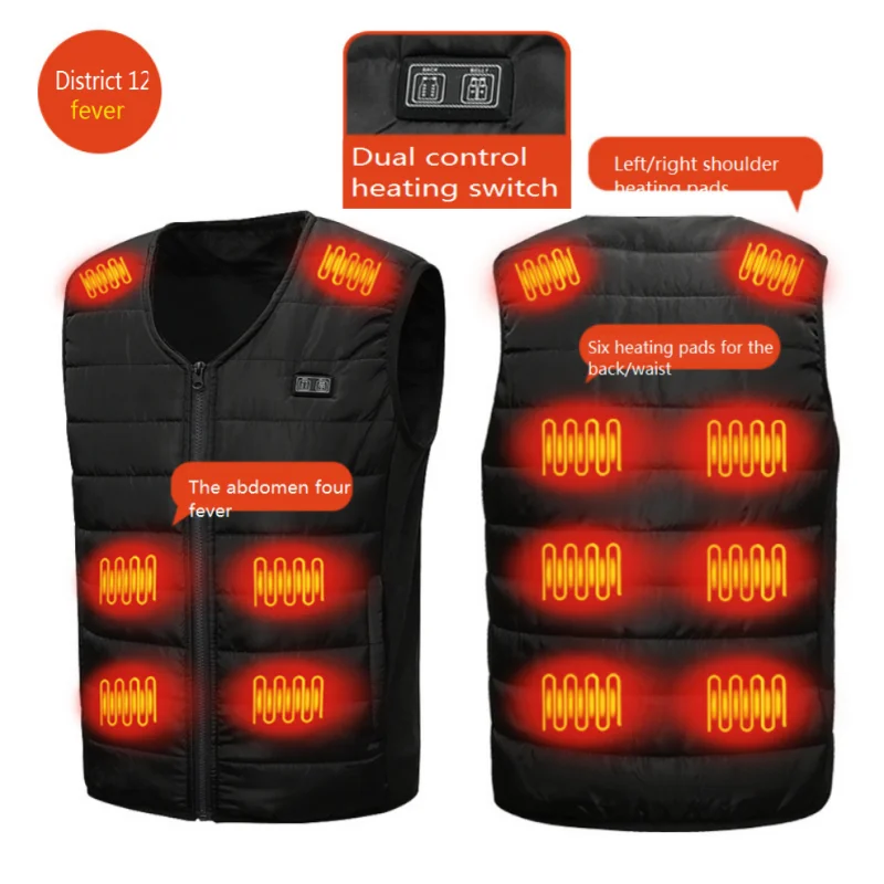 Men winter Smart heating Cotton Vest 12 area Heated V neck v