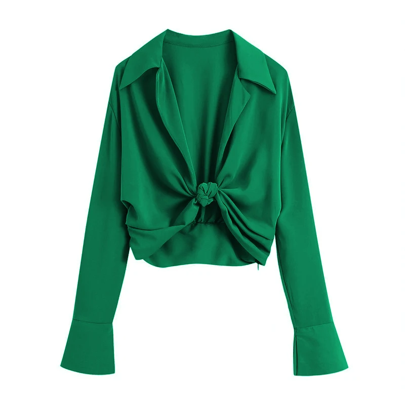 

Women Fashion Turn Down Collar Knitted Green Color Smocked Blouse Female Long Sleeve Slim Shirt Chic Crop Tops