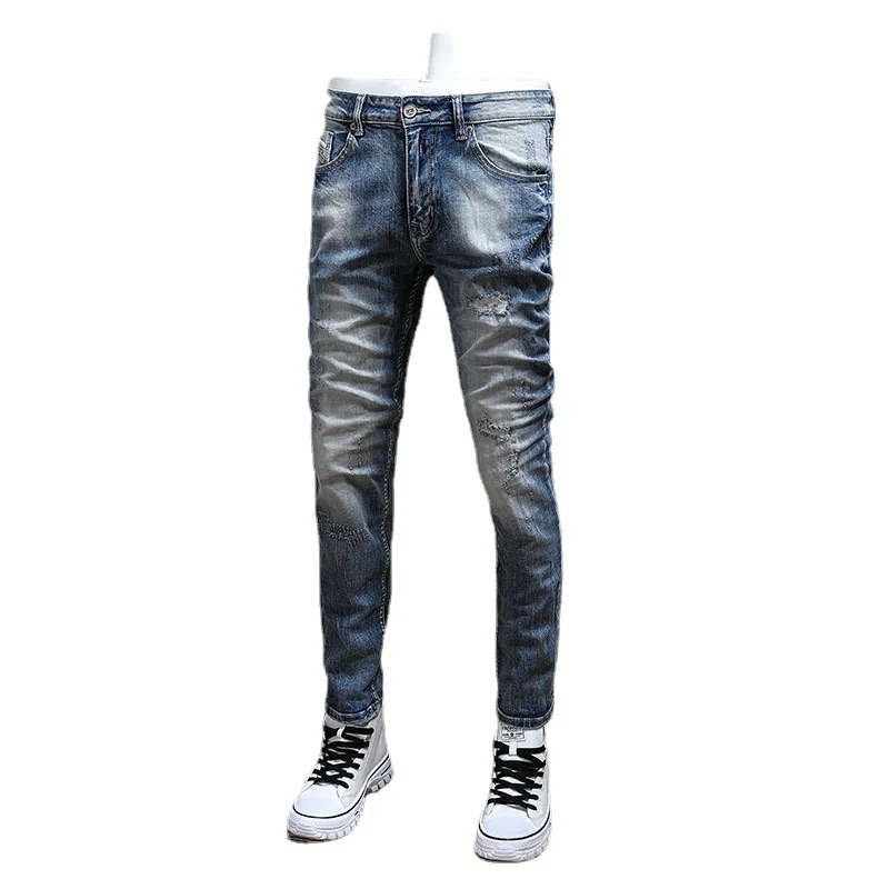 Vintage Fashion Men Jeans Retro Blue Elastic Slim Fit Hole Ripped Jeans Men Trousers Patched Designer Casual Denim Pants Hombre