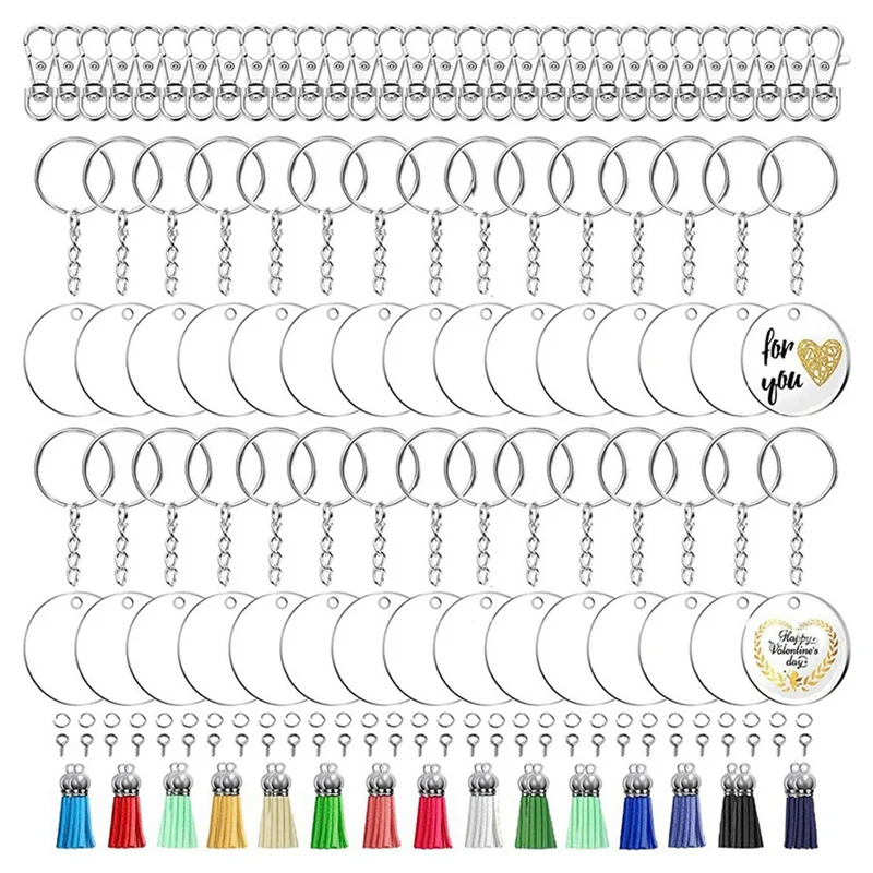 

180PCS Acrylic Clear Circle Discs Keychain Set Round Acrylic Keychain Blank Tassel Pendant Jump Rings DIY Keychain