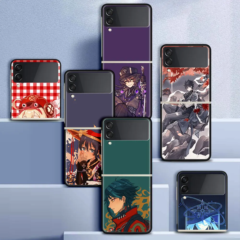 

Genshin Impact Anime Funda Case For Samsung Galaxy Z Flip 3 5G Luxury Z Flip3 Black PC Hard Shockproof Back Phone Coque Capa