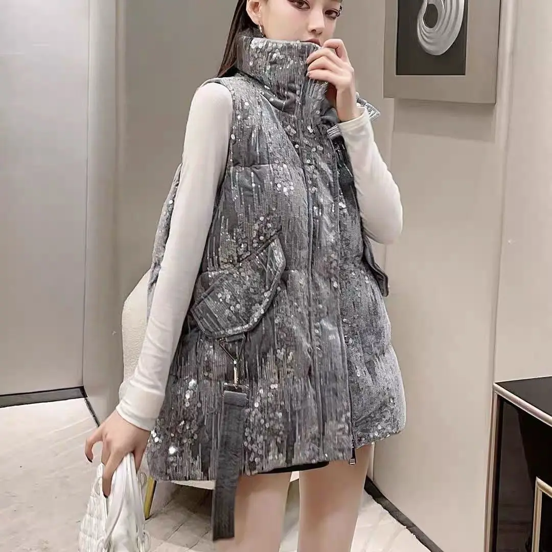 

2022 Autumn And Winter New Vest Women Coat Sequins Fashion Leisure Stand Collar Women's Sleeveless Jacket Outerwear