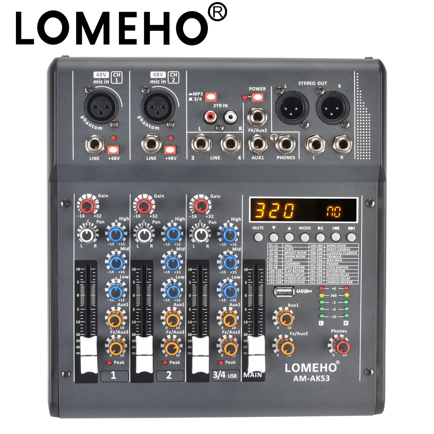 LOMEHO микшерный пульт для эффектов 320 2 моно каналов 1 стерео канала Bluetooth 4-канальный