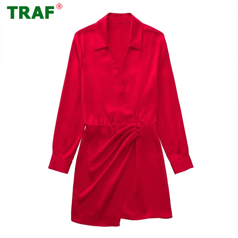 

TRAF Red Satin Wrap Dress Woman Summer Collared Short Dress Women Pleated Shirt Female Dress Long Sleeve Casual Dresses Ladies