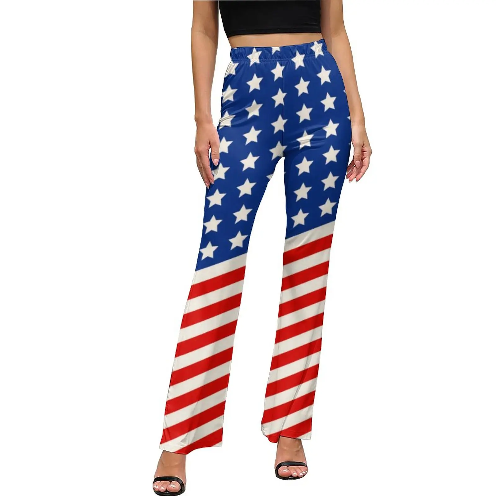 

American Flag Print Casual Pants Womens Stars and Stripes 4th of July Slim High Waist Street Flare Pants Office Print Trousers