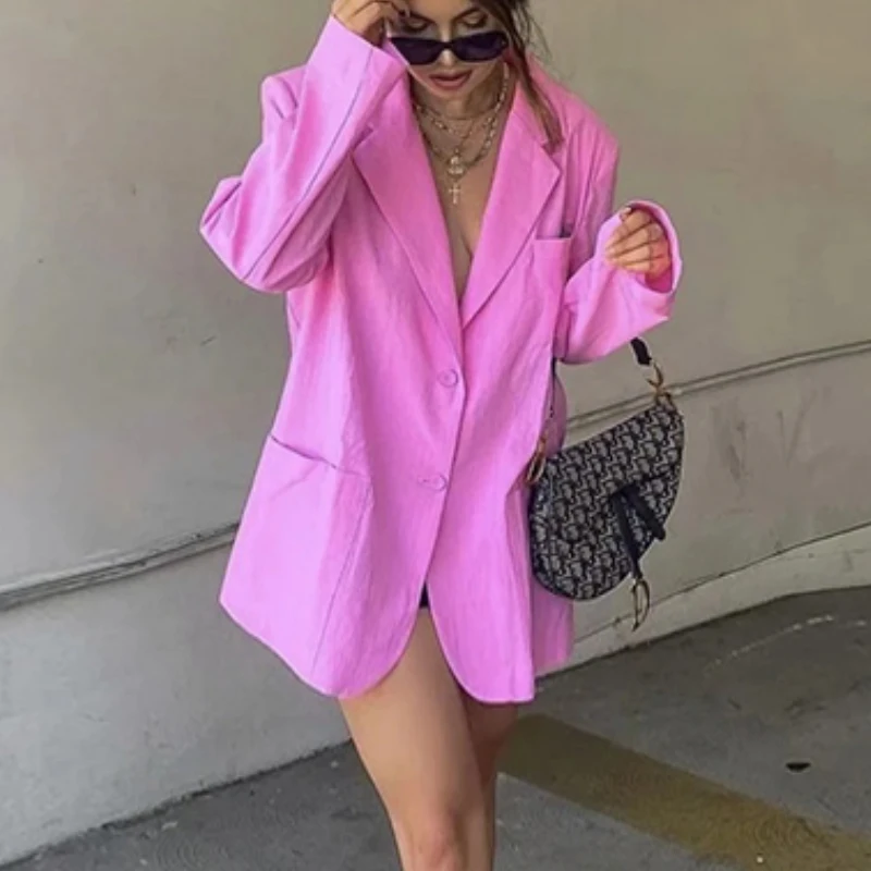 Casual Pink Loose Blazers Office Lady Long Sleeve Oversize Coat Women Notched Single Breasted Pocket Coats 2021 New Fashion Suit