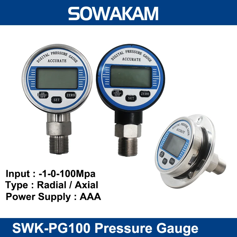 SWK-PG100 Pressure Gauge 0-100Mpa Manomete Battery-Powered Air Pressure Gauge psi/Bar/Kpa Water Pressure Sensor LCD Display
