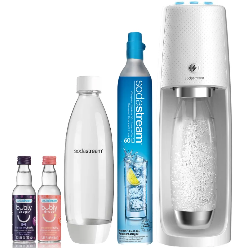 

SodaStream One Touch Sparkling Water Maker (White) Bundle with CO2, 2 BPA free Bottles and 2 bubly Drops