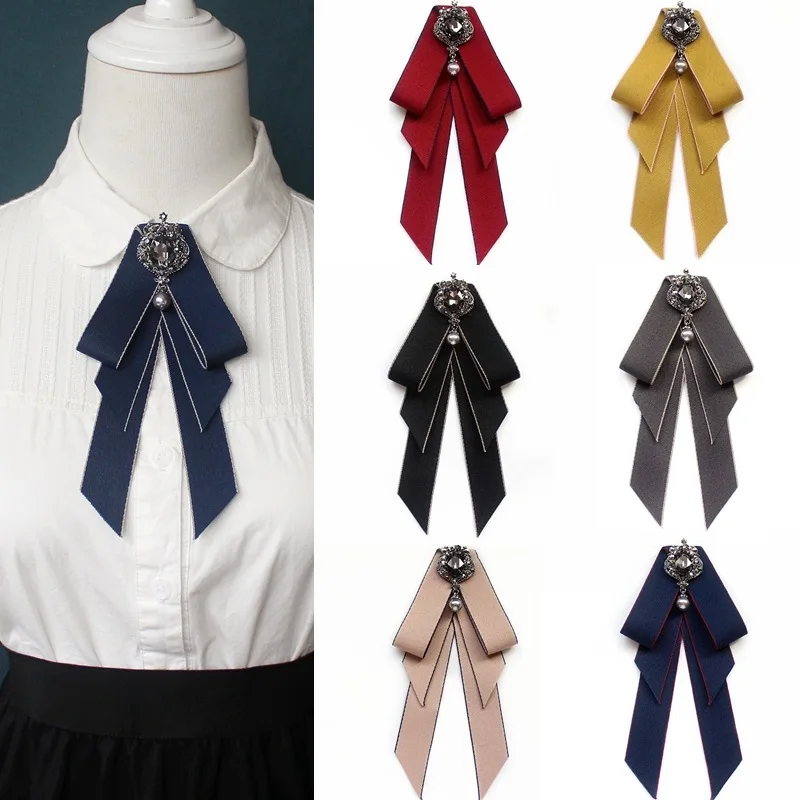 

New Fabric Cloth Art Bowknot Brooch Rhinestone Bow Tie College Wind Collar Pin and Brooches Shirt Corsage for Women Accessories