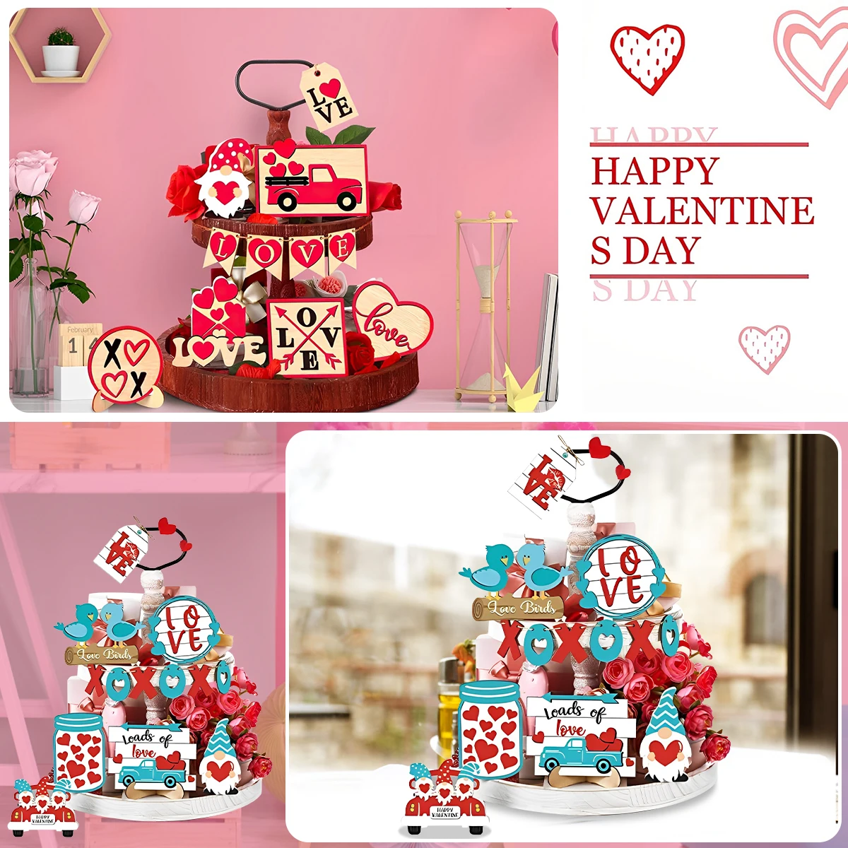 

L Valentine's Day Tiered Tray Decor Delicate Wooden Valentine Tabletop Decor Reusable Valentine Tray Decoration Love Red Truck