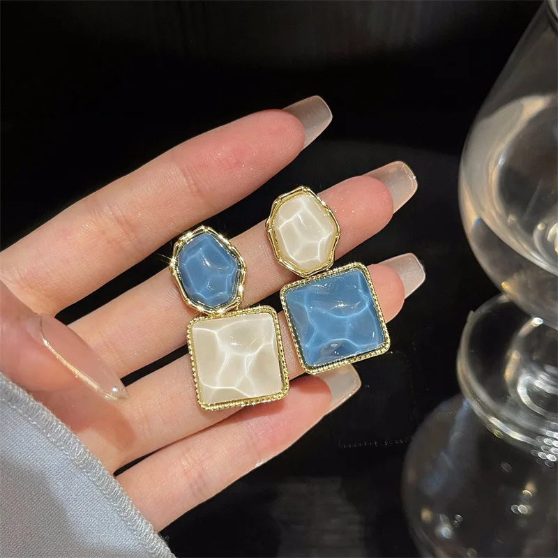 Корейские модные квадратные прозрачные блестящие серьги с синим опалом для