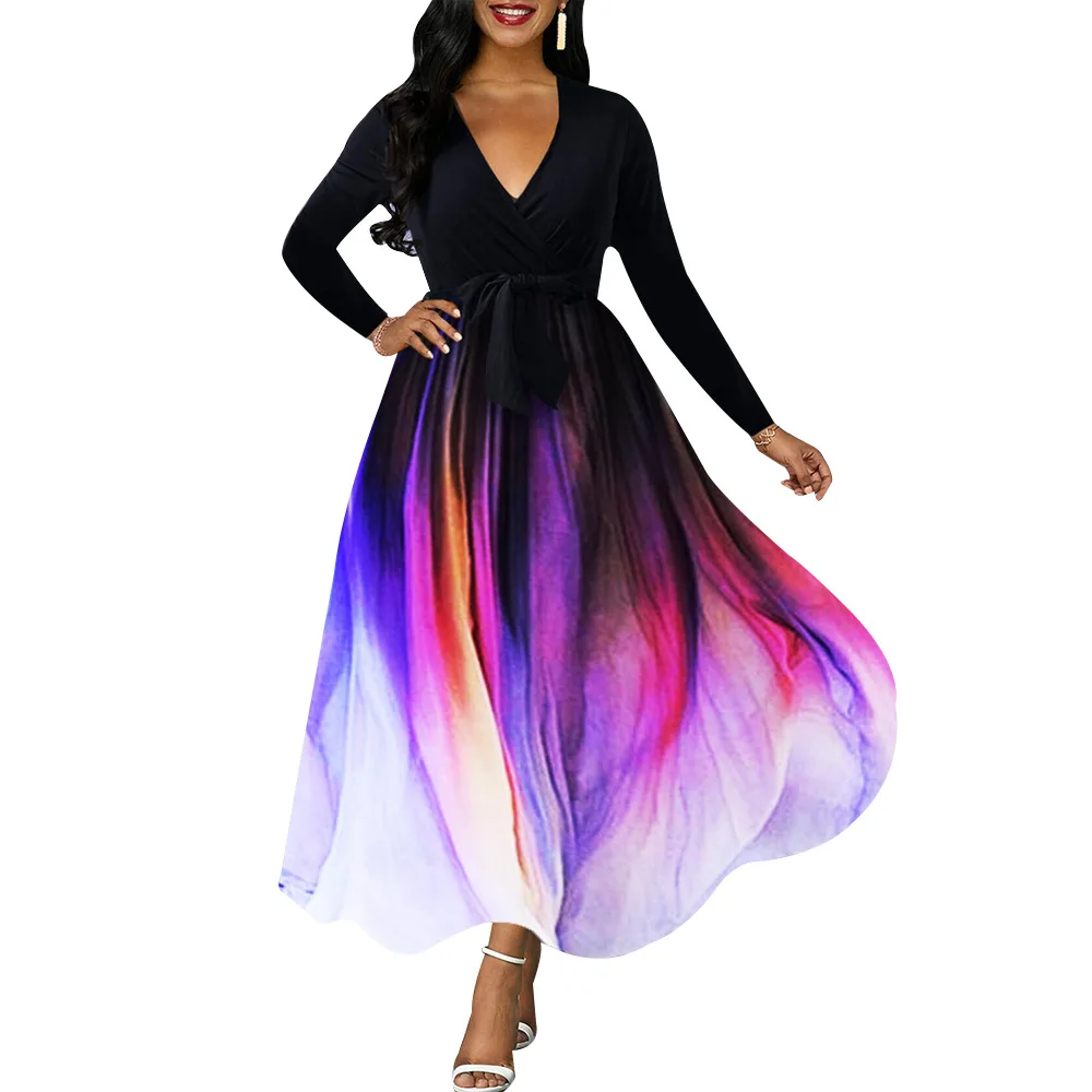 

Women's Long Sleeve V Neck Gradient Print Maxi Dress A Line Big Swing Long Dress 2023 Runway Tulle Robe Vestidos De Plumas Mujer