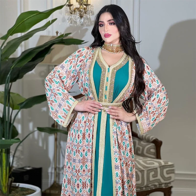 Dubai Abaya Luxury For Muslim Women Fashion Graphic Print 2 Pieces Set Elegant Casual V-Neck Lace Tape Belted Dress Abayas Coat