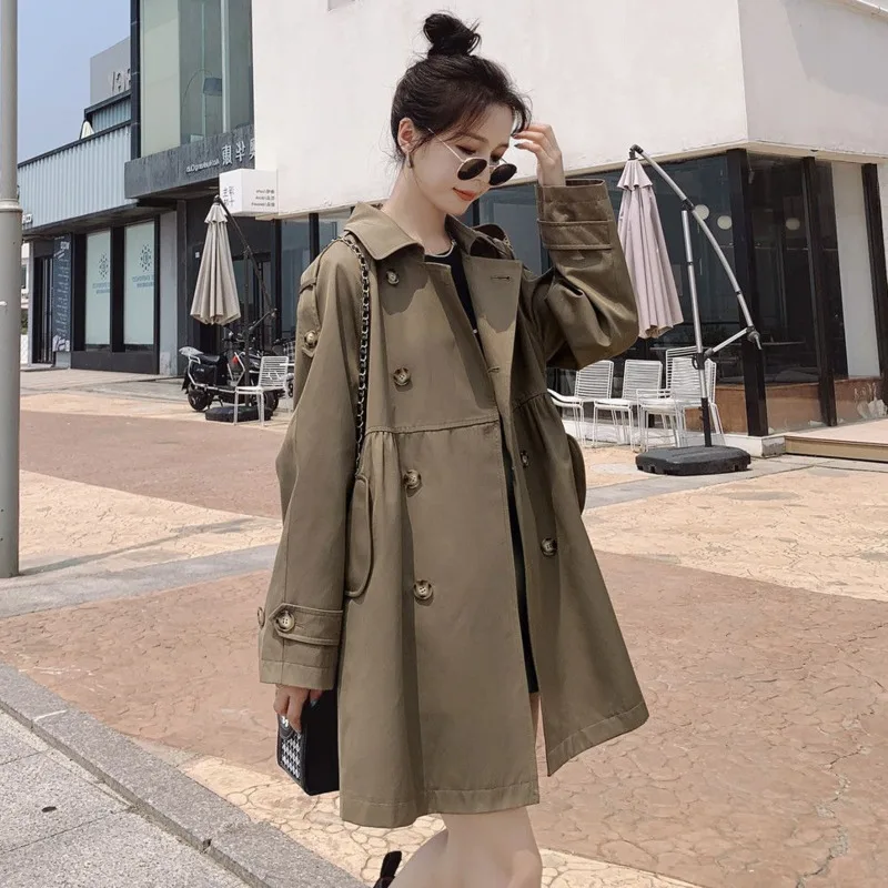 

Женский двубортный тренчкот средней длины, свободная ветровка в британском стиле с длинным рукавом, весна-осень 2023