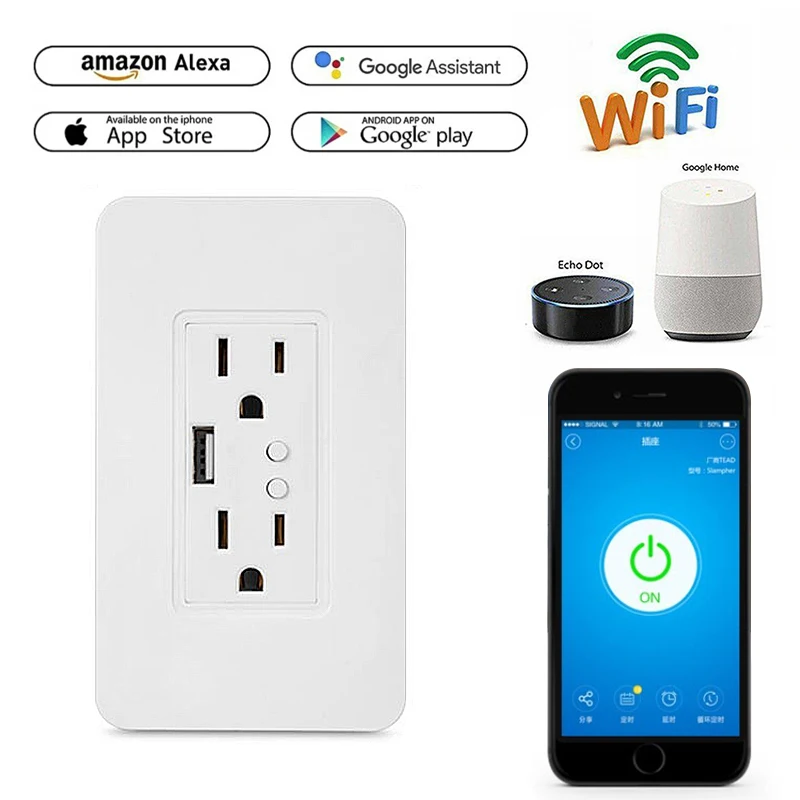 

Smart WiFi Wall Socket with USB Charger Switch Outlet US Plug Works with Alexa Google Assistant,Nest,No Hub Required
