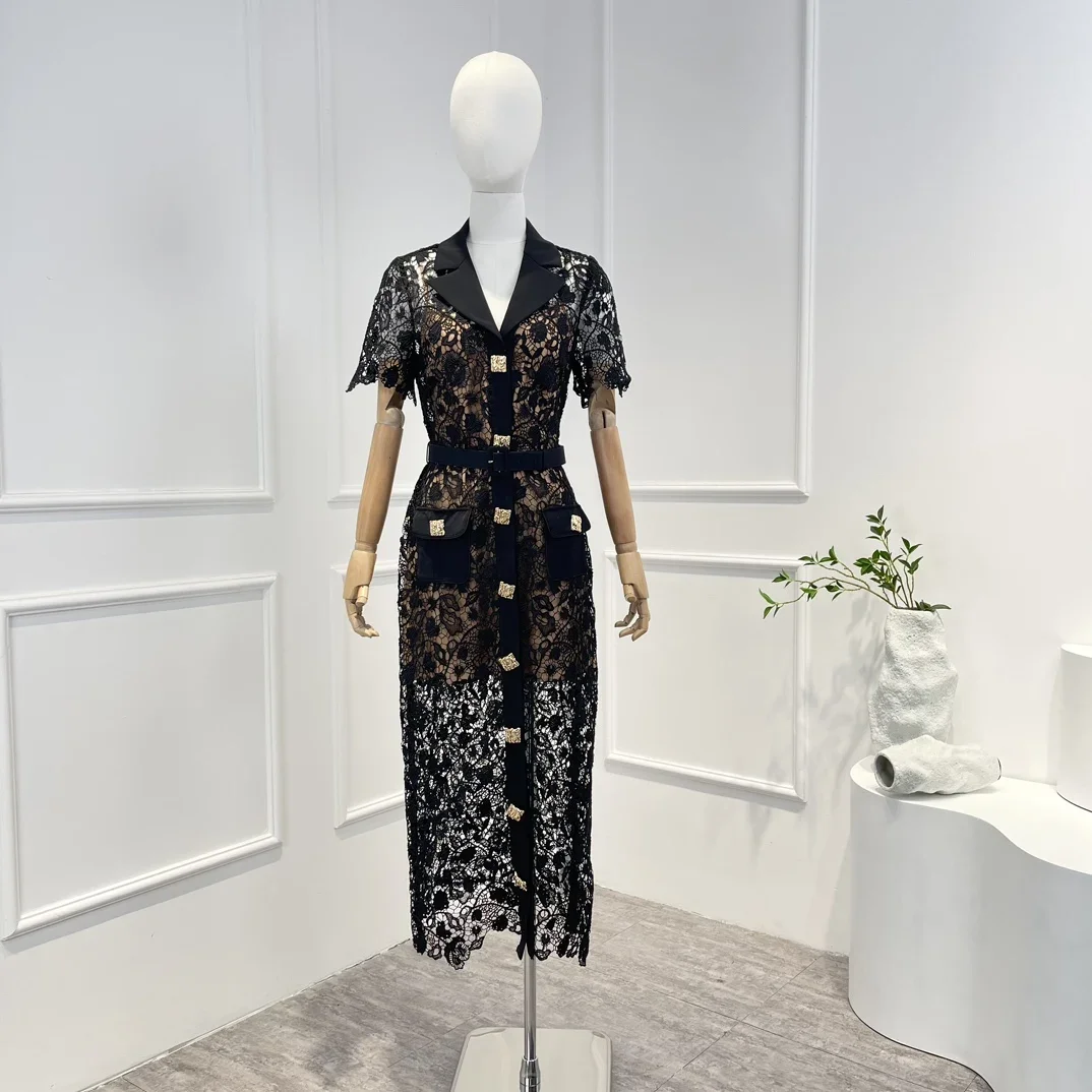 

Женское кружевное платье средней длины, элегантное черное платье составного кроя на пуговицах с вышивкой и карманами, лето 2023