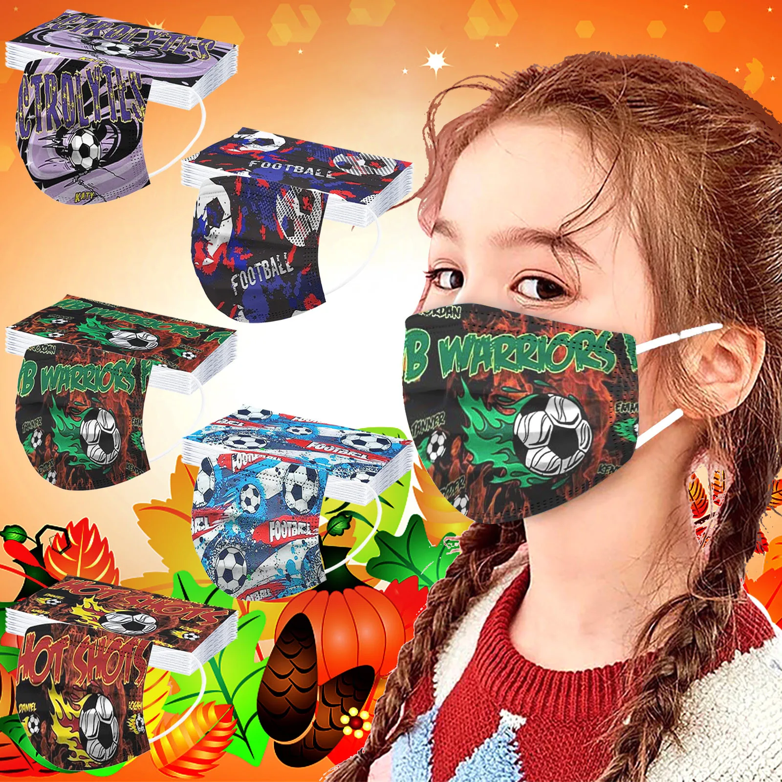 

50pc Face Masks Children Kids Fashion Football Printed Disposable Mouth Mask 3ply Ear Loop Halloween Cosplay Mask Mascarillas