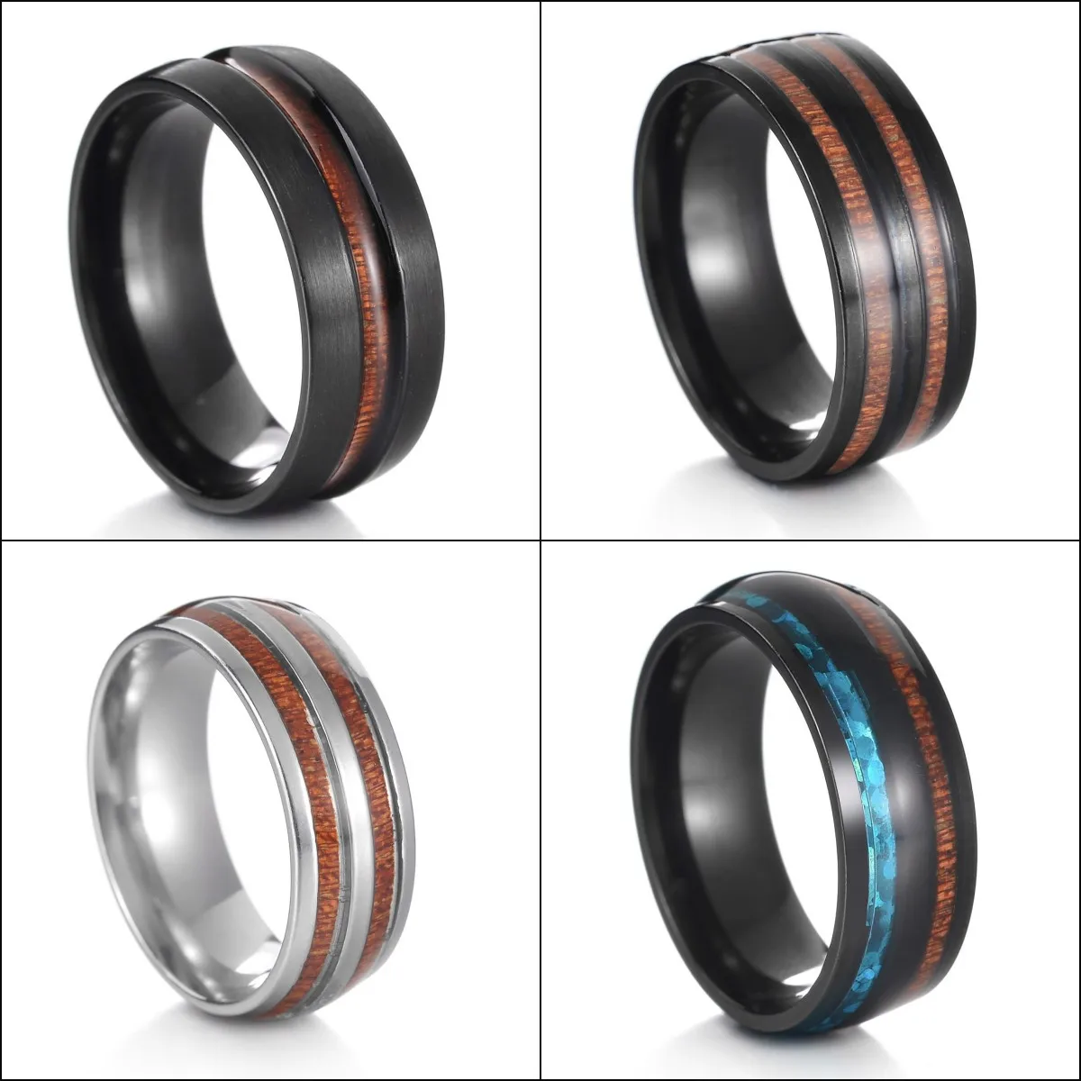 Fashion 8mm Men's Black Stainless Steel Ring Hawaiian Koa Wood Inlay Matte Brushed Finish Men's Promise Ring Men Wedding Band