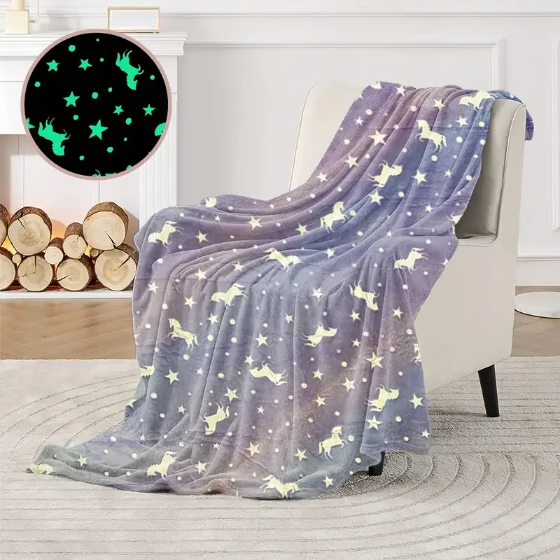 

HMTX 1pc Glow In The Dark Blanket, 50" X 60" Unicorns Print Throw Blanket For Bedroom & Living Room, Soft Cozy Flannel Glowing B