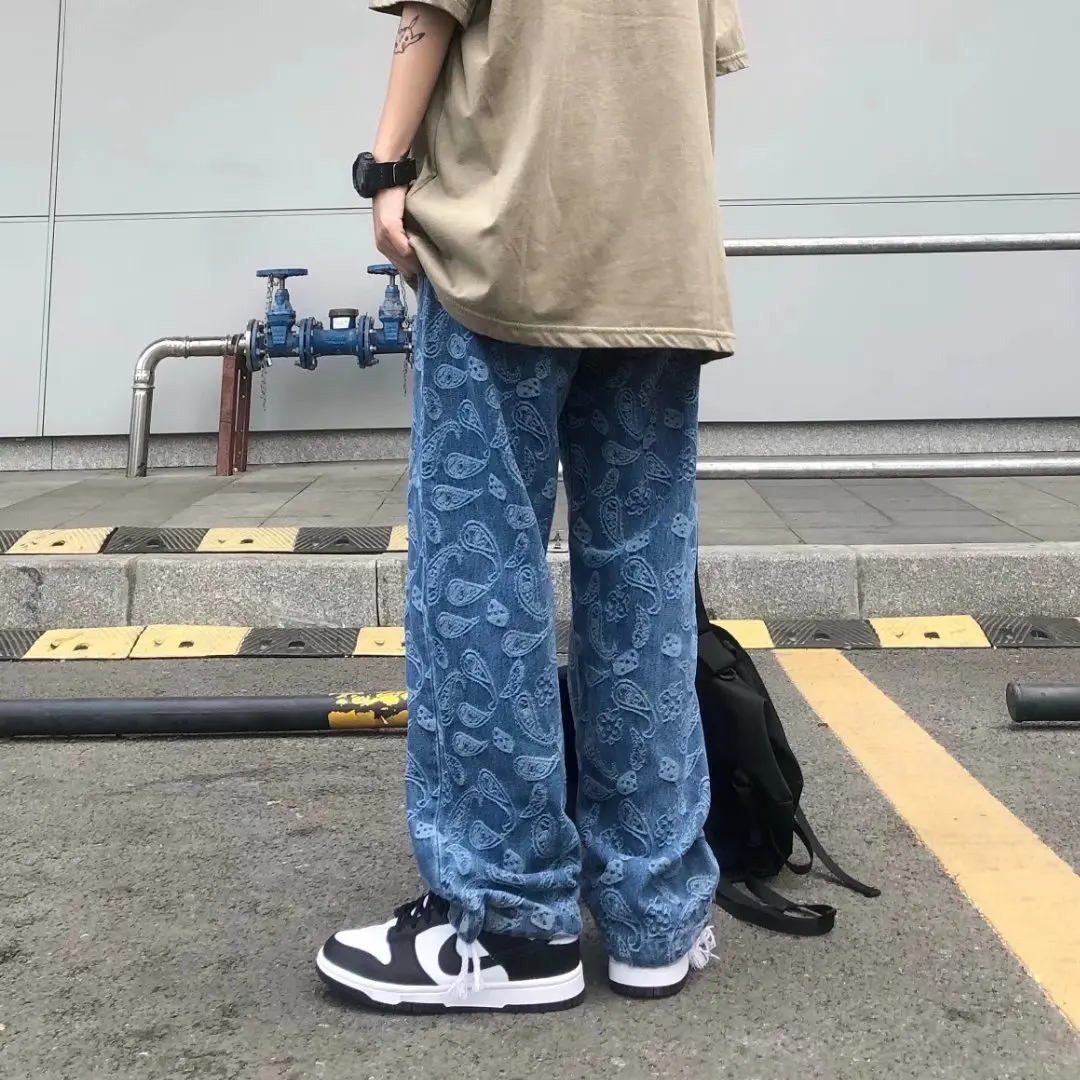 

Джинсы мужские с цветочным принтом кешью, модные повседневные Прямые брюки в стиле Харадзюку, укороченные штаны