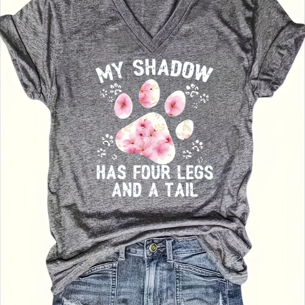 Свободная футболка с v-образным вырезом и принтом собачьей лапы мягкий дышащий