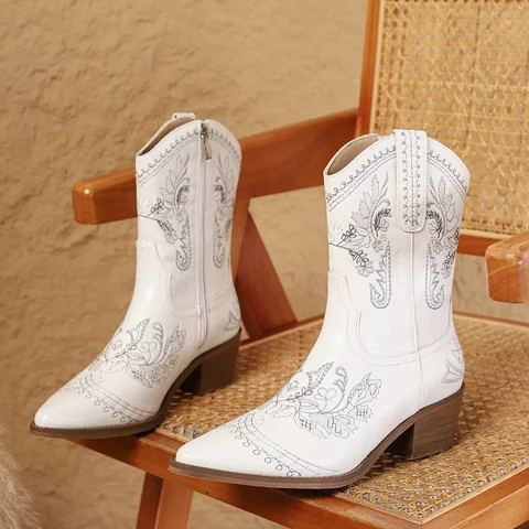 Eilyken модные женские ботильоны на квадратном низком каблуке с молнией, обувь с острым носком и вышивкой, весна-осень, Zapatos De Mujer