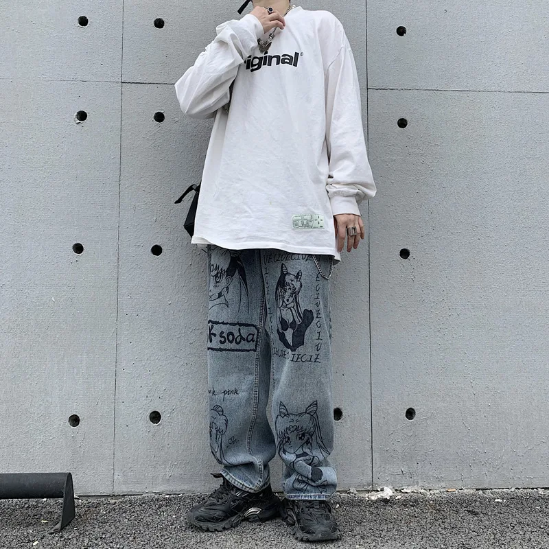 Jeans Trousers Men's Brand Clothing Cartoon Anime Print Harajuku Men Pants Casual Fashion Graffiti Loose Streetwear Ropa Hombre
