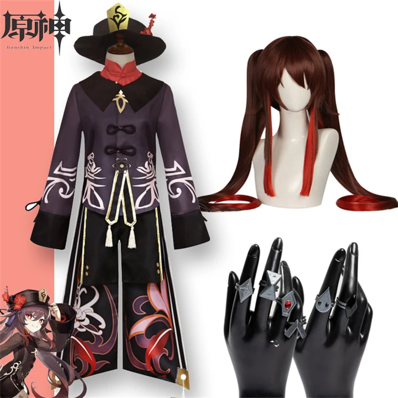 

Anime Genshin Impact Hutao Cosplay Costume Uniform Wig Hat Hu Tao Chinese Style Dress Woman Halloween Costumes Accessories