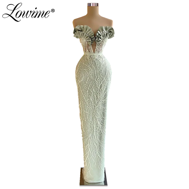 Женское вечернее платье с бисером Lowime зеленое кружевное в арабском стиле