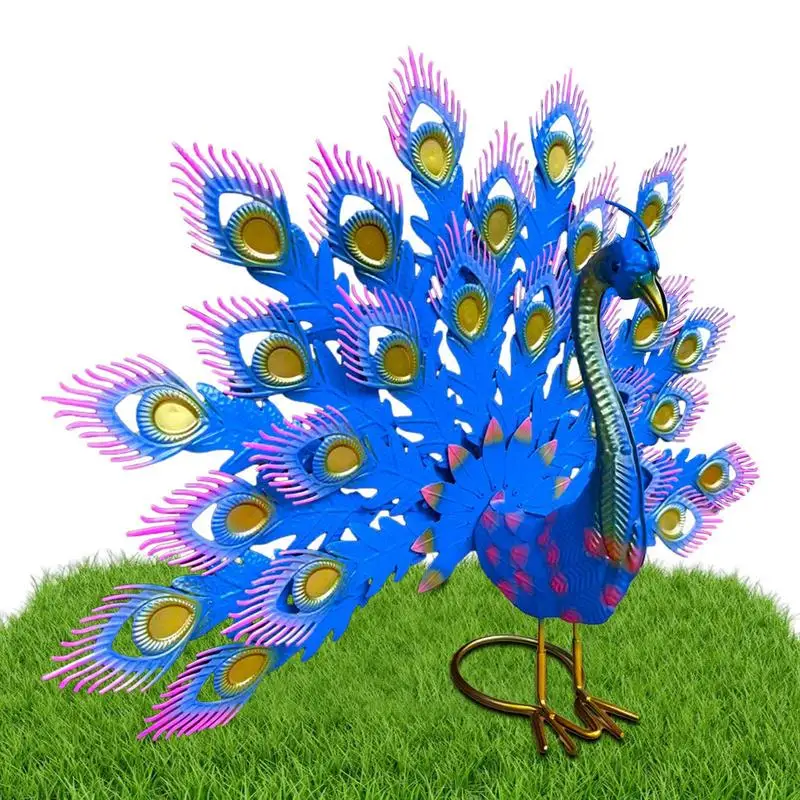 

Decorative Peacocks Statue Peacocks Garden Sculpture Unfolded Feathered Tail Metal Statue With Purple And Blue Finish Zoo Decor