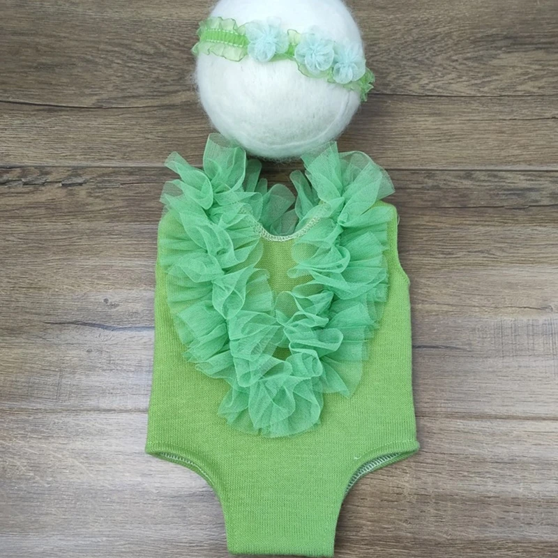 

Newborn Baby Photography Outfits Cute Ruffle Lace Rompers with Flower Headband G99C