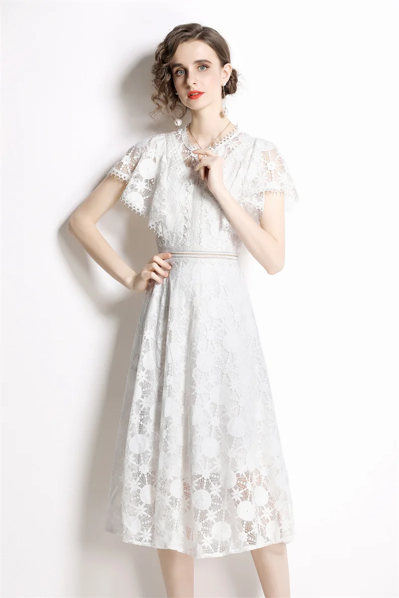 

High Quality Women Summer Elegant White Lace Dress Sexy Hollow Out Cocktail Party Robe Female Vintage A-Line Dresses Vestidos