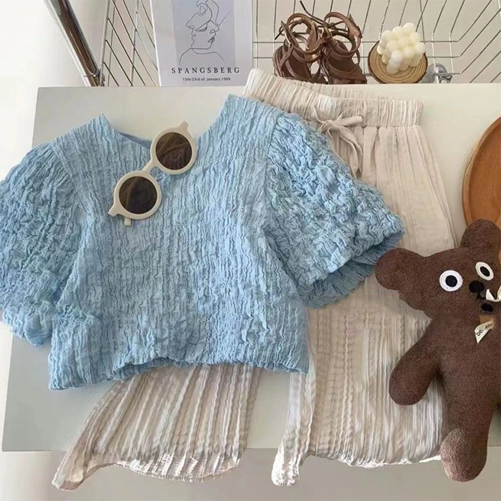 

Menoea New Summer Kids Clothes Sets Solid Color 2 Piece Sets Pleated Tops + Flared Pants Girls Clothes Sets Casual Kids Outfits