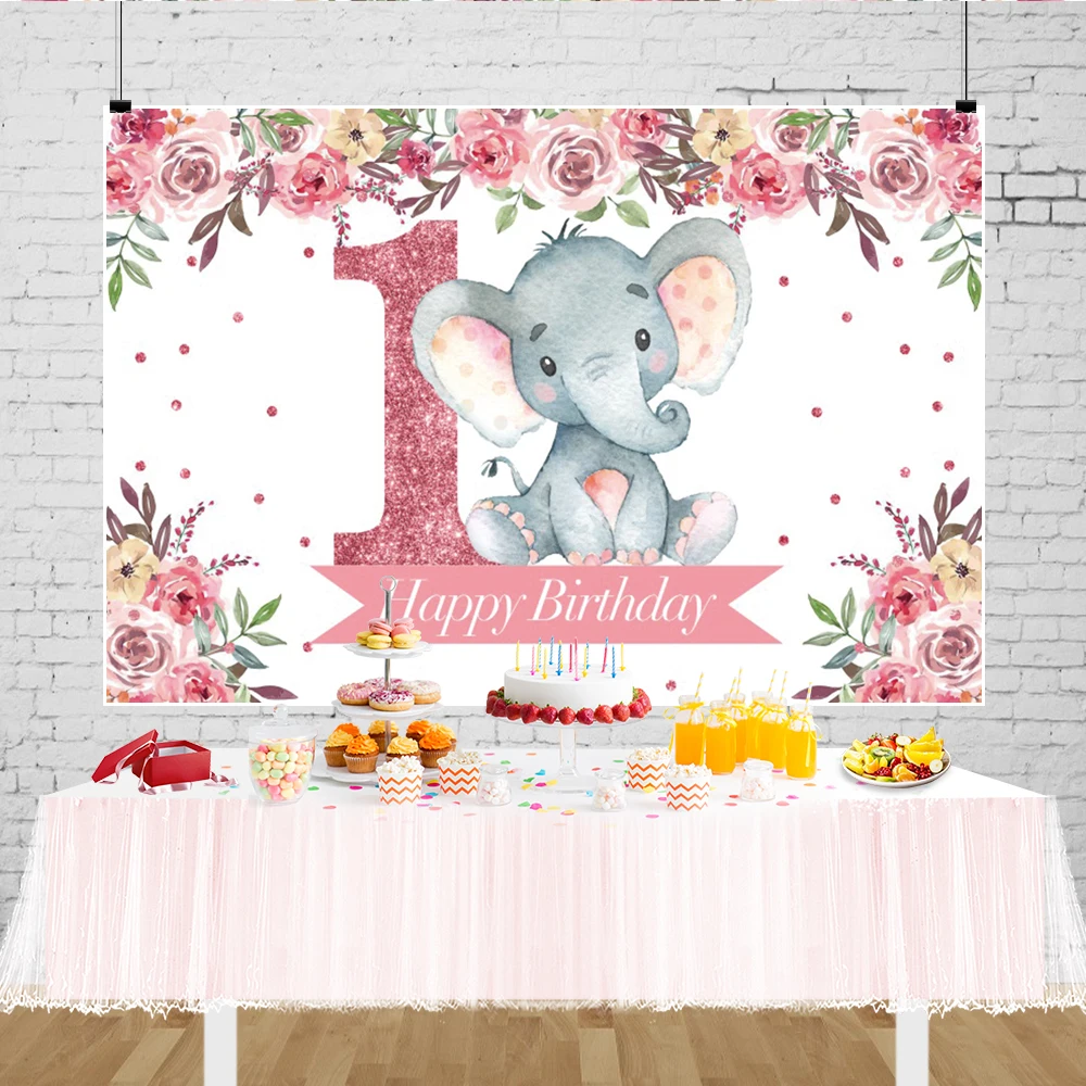 

Виниловый фон для фотосъемки новорожденных с изображением маленьких слонов и розовых роз на 1-й день рождения