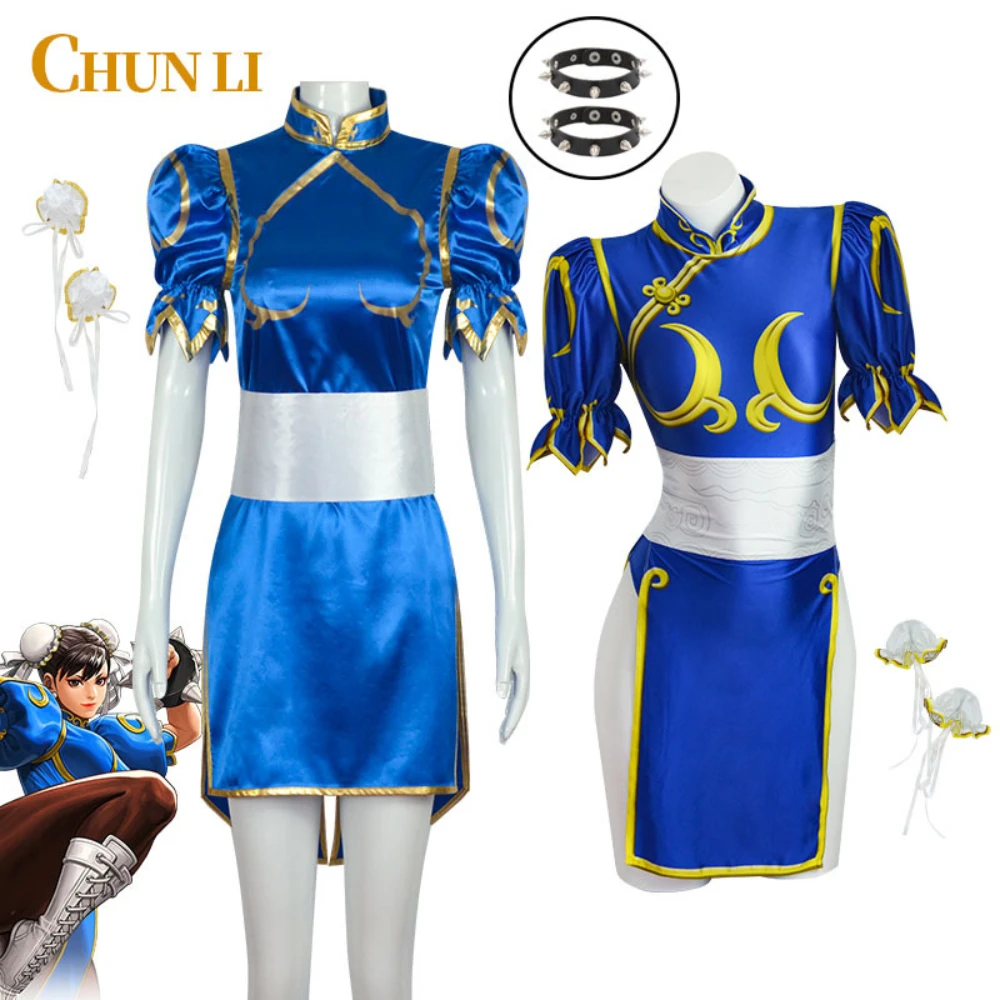 

Костюм для косплея Sutorito Faita Chun Li, голубой чонсам, платье, пояс, головной убор, наряд для женщин, одежда для девочек, стиль Хэллоуина