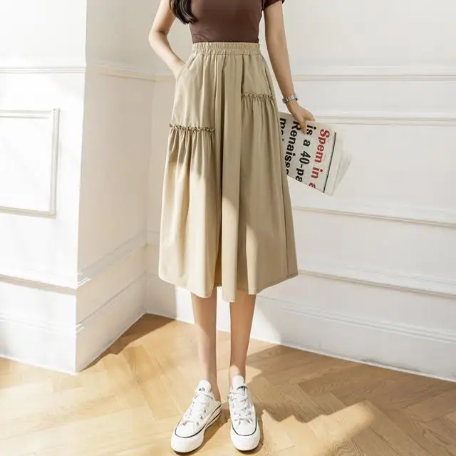 

2022 Women's Spring Summer New Mid-length Loose Skirts Female High Waist Big Swing Skirts Ladies Solid Color A-line Skirts Z71