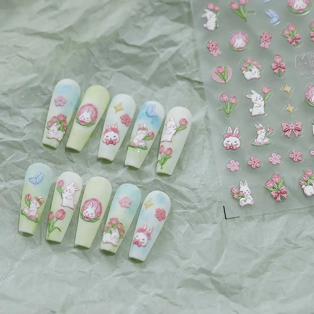 

1 Sheet 5D Realistic Lovely Cartoon Bunny Rabbit Fairy Tale Butterfly Bear Adhesive Nail Art Stickers Decals Manicure Charms