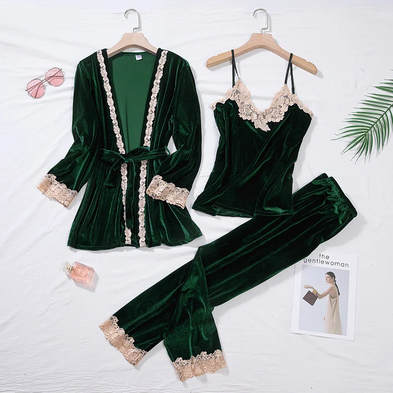 

Green Velour Pajama Suit Women 2PCS Robe Nightgown Set Sleepwear Lady Winter Velvet Warm Lace Folwer Kimono Bathrobe Gown M-XL