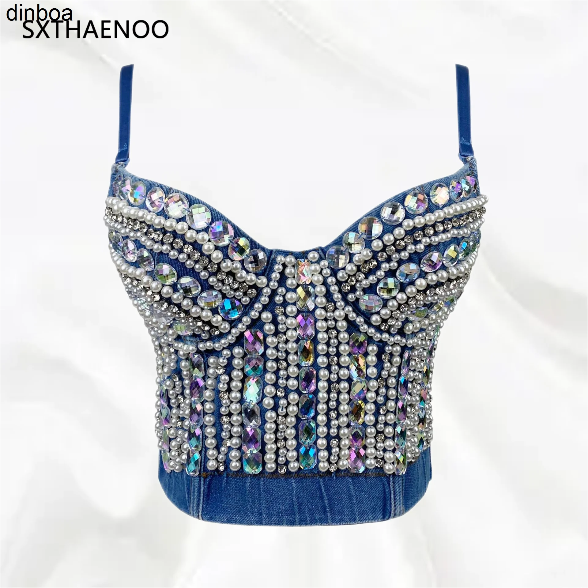

Sxthaenoo 2023 Women's Heavy Industry Nailed Beaded Diamond-studded Sexy Crop Top Fashion Denim Sling Top Vset Топ Женский