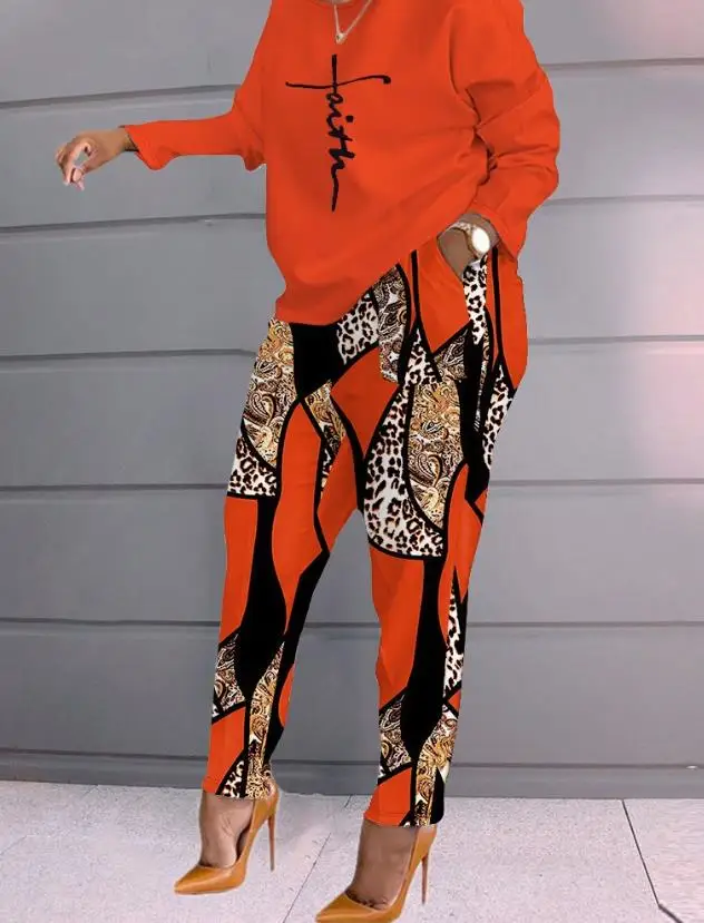 

2023 Autumn Winter Spring New Fashion Casual Womens Two Piece Sets Outfit Faith Baroque Leopard Print Top& Pants Set Female Suit